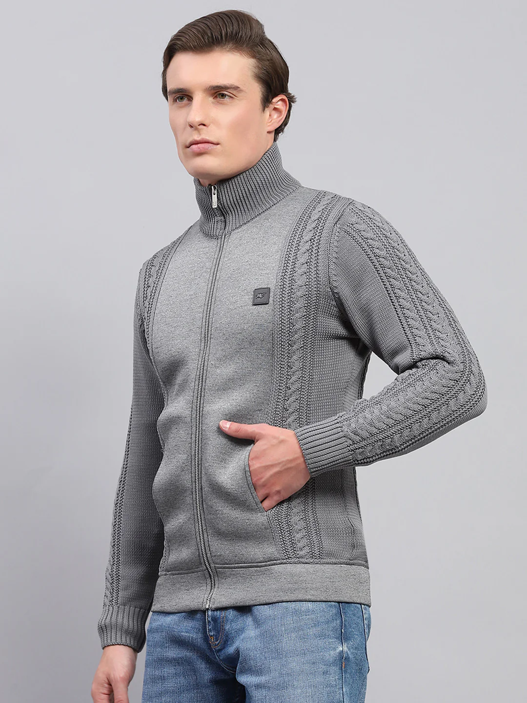 Men Grey Self Design Mock Neck Full Sleeve Pullover - Image 3