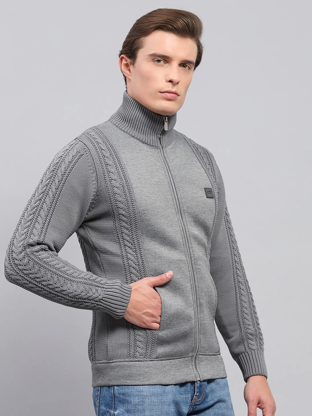 Men Grey Self Design Mock Neck Full Sleeve Pullover - Image 4