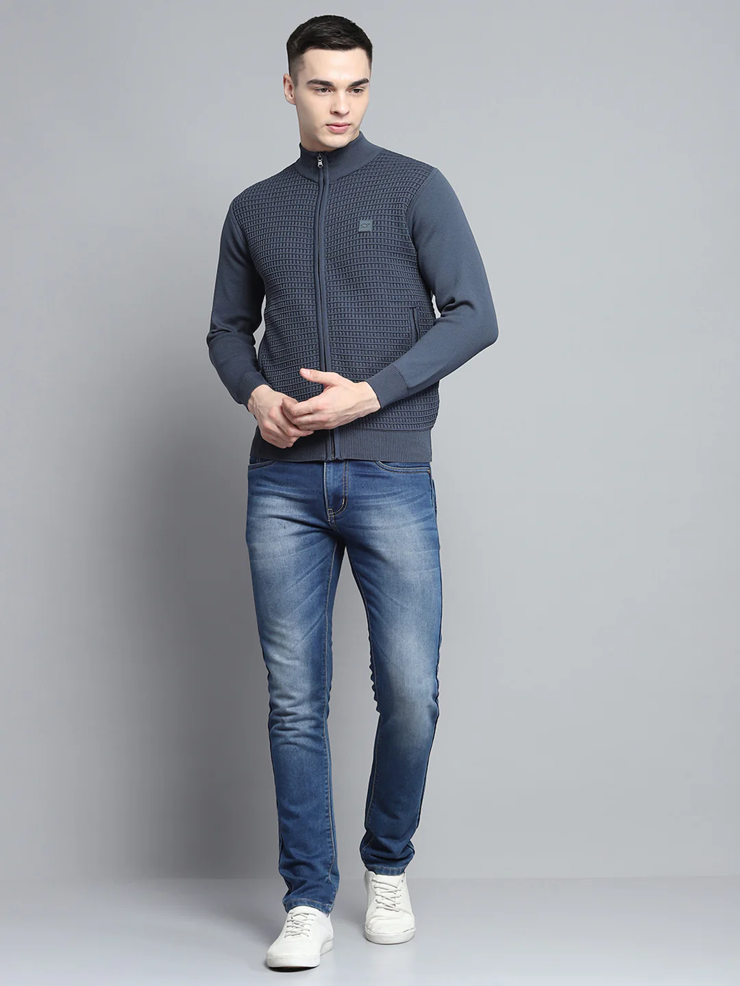 Men Grey Self Design Mock Neck Full Sleeve Pullover - Image 2