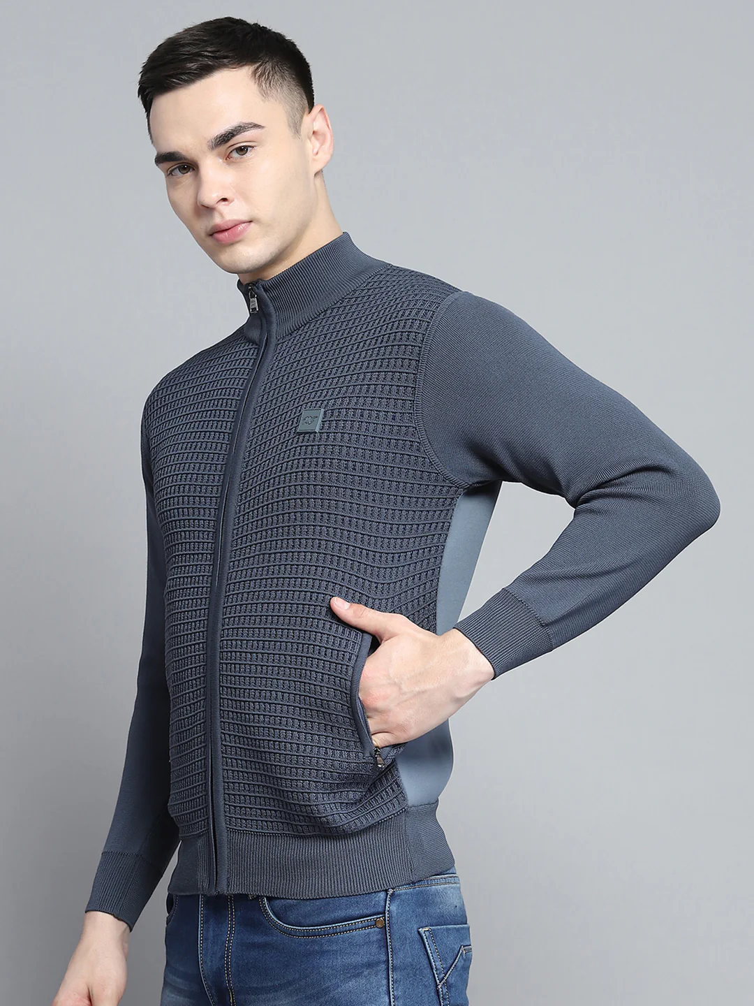 Men Grey Self Design Mock Neck Full Sleeve Pullover - Image 3