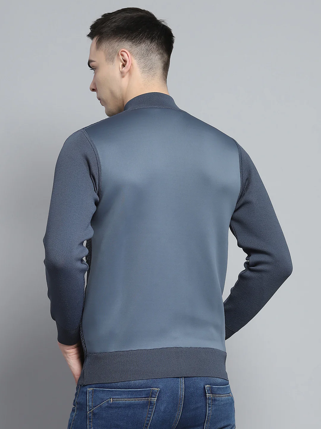 Men Grey Self Design Mock Neck Full Sleeve Pullover - Image 5