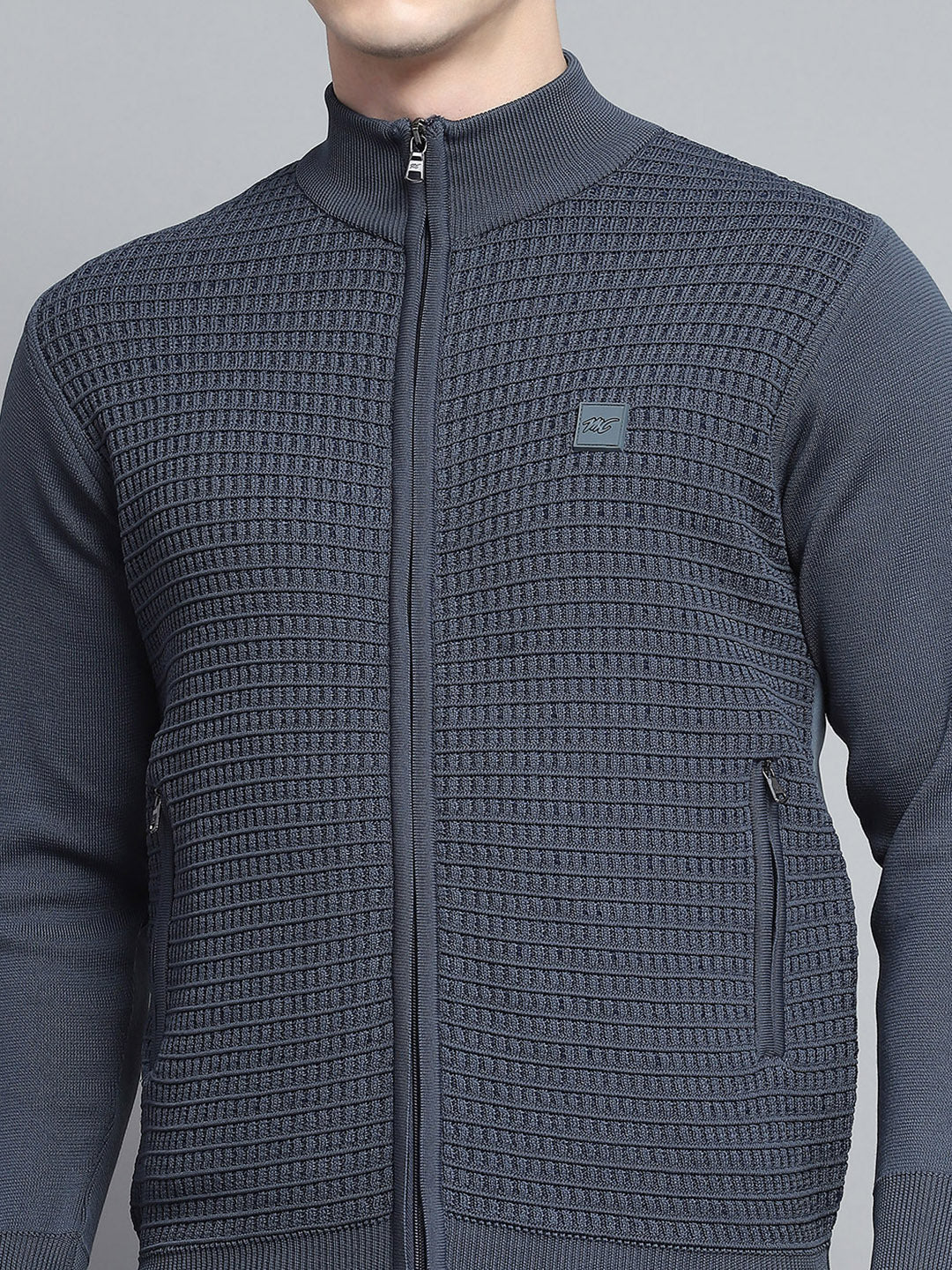 Men Grey Self Design Mock Neck Full Sleeve Pullover - Image 6