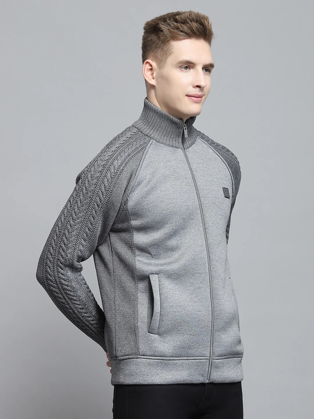 Men Grey Self Design Mock Neck Full Sleeve Pullover - Image 4