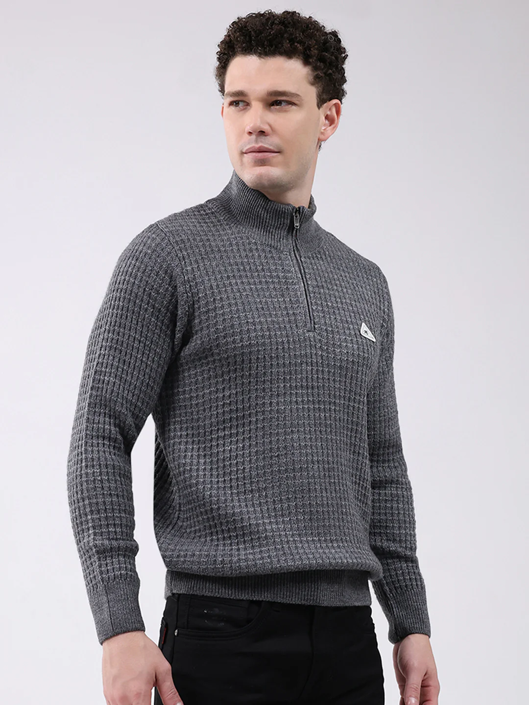Men Grey Self Design Mock Neck Full Sleeve Pullover - Image 4
