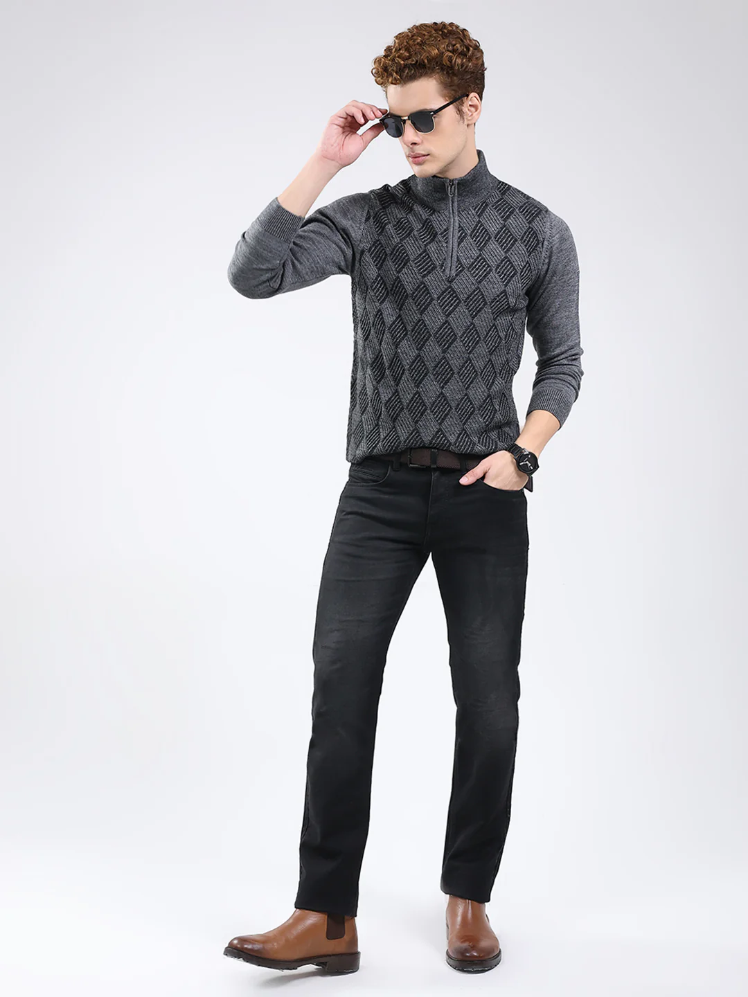 Men Grey Self Design Mock Neck Full Sleeve Pullover - Image 2