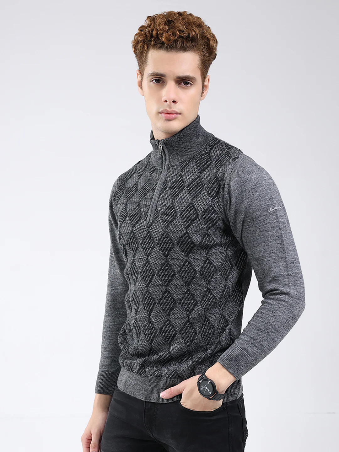 Men Grey Self Design Mock Neck Full Sleeve Pullover - Image 3