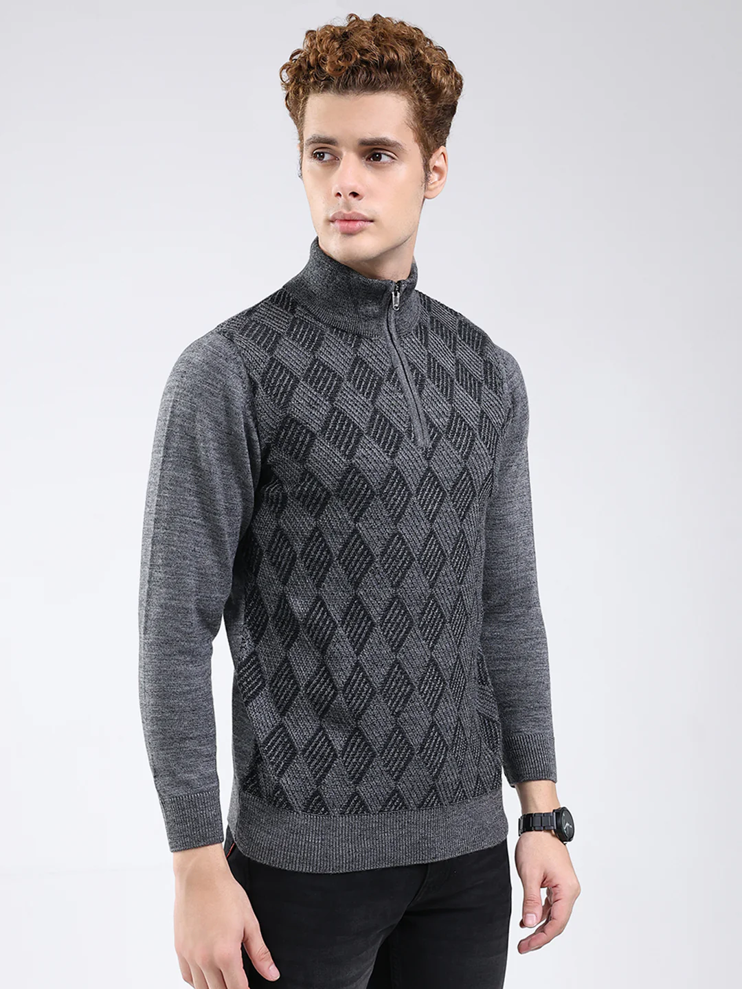 Men Grey Self Design Mock Neck Full Sleeve Pullover - Image 4