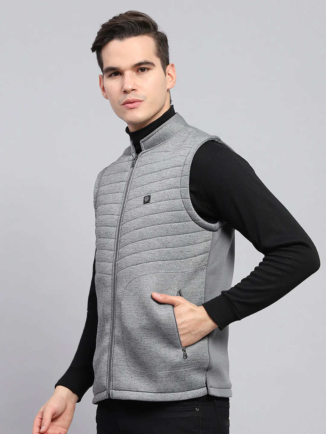 Men Grey Self Design Mock Neck Sleeveless Jacket - Image 3