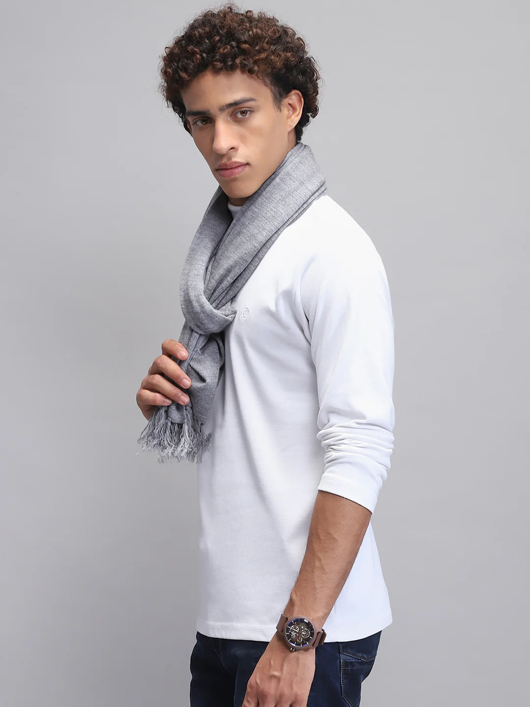 Men Grey Self Design Muffler - Image 3