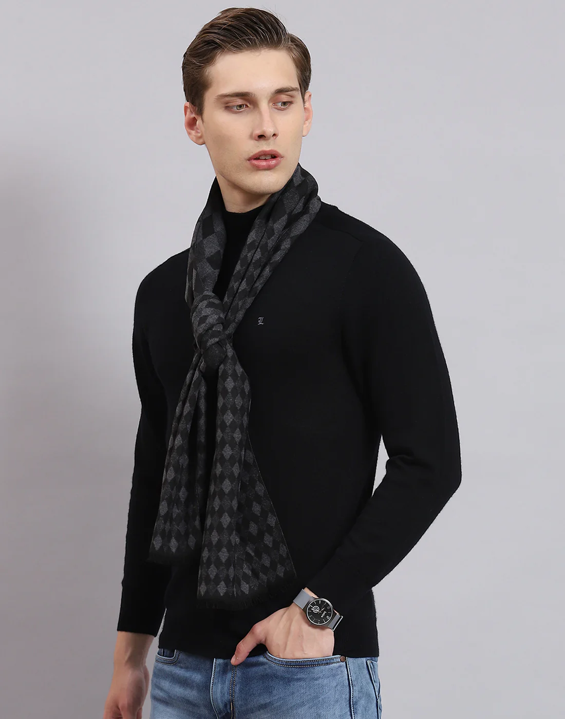 Men Grey Self Design Muffler - Image 4