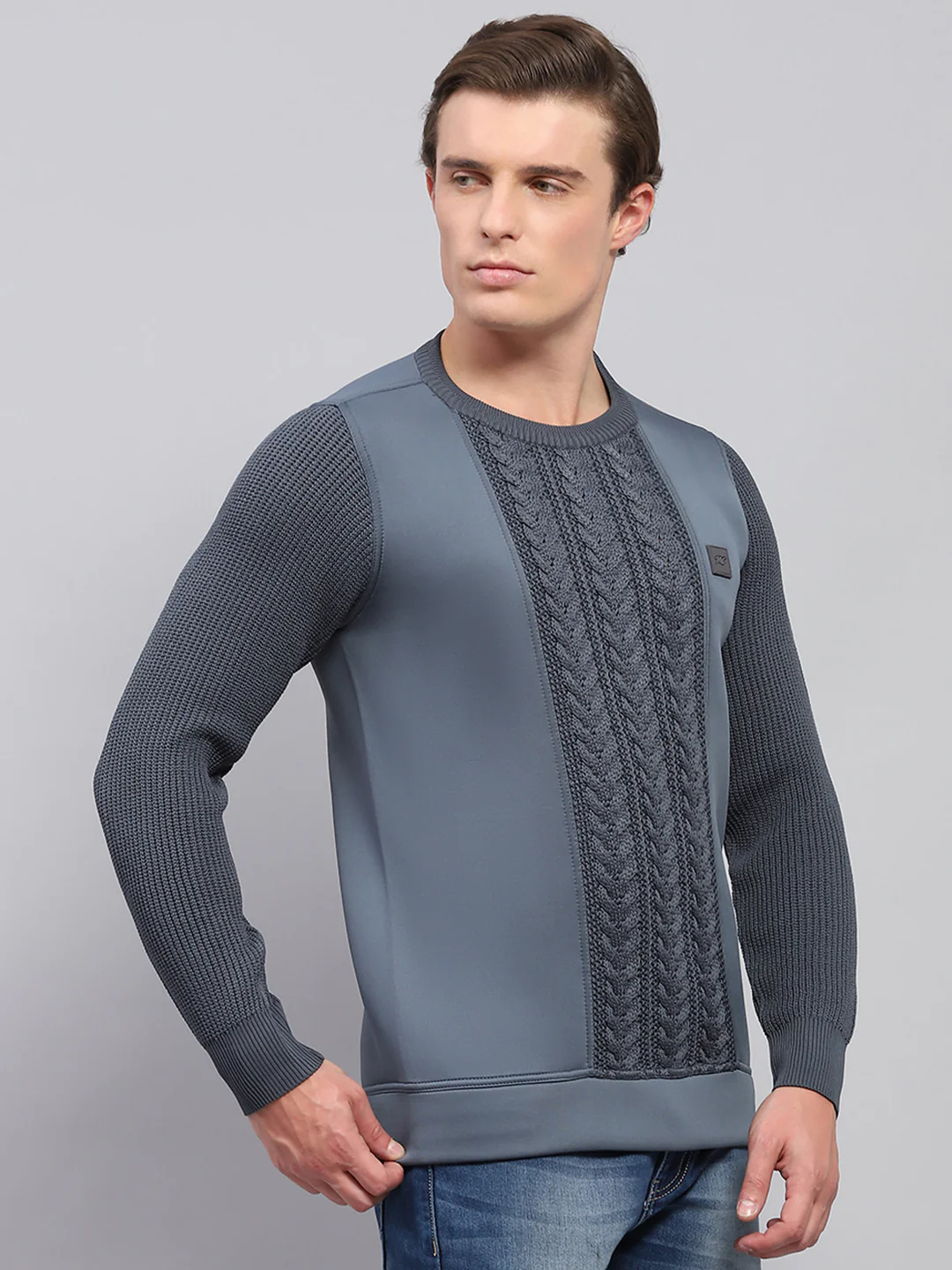 Men Grey Self Design Round Neck Full Sleeve Pullover - Image 4