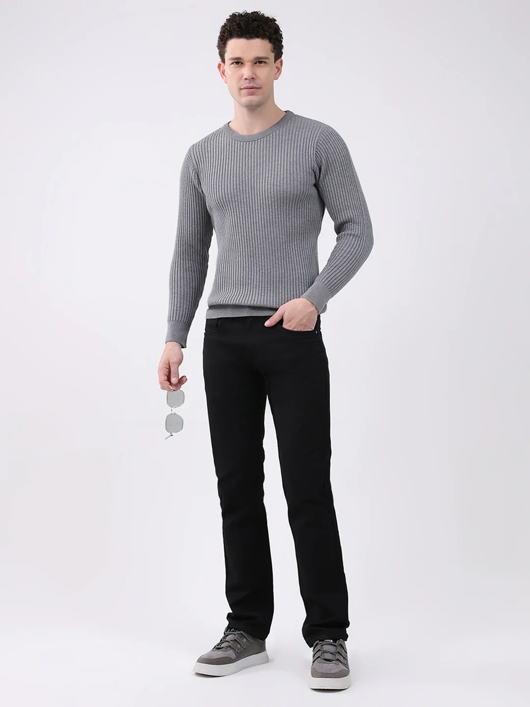 Men Grey Self Design Round Neck Full Sleeve Pullover - Image 2