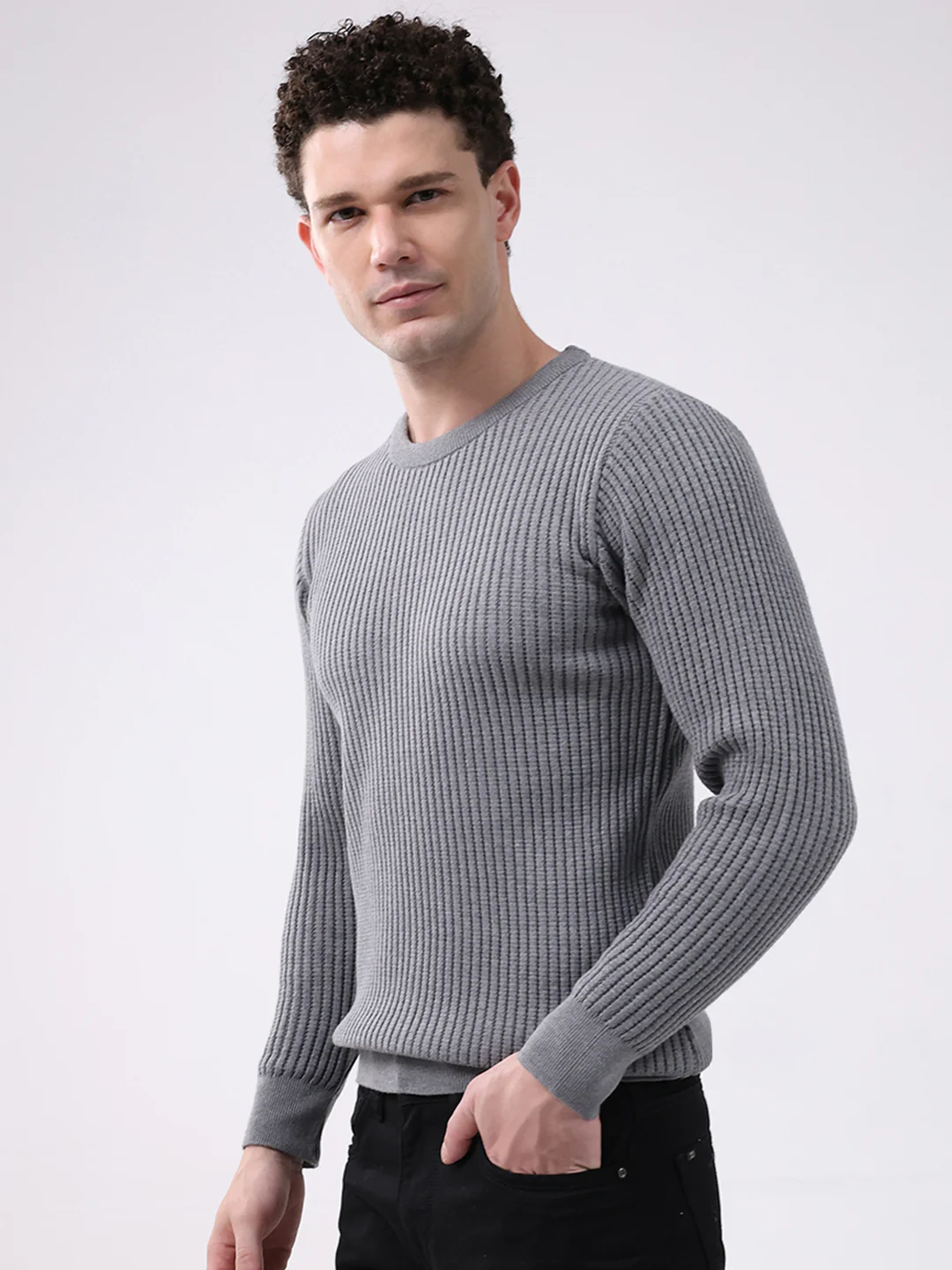 Men Grey Self Design Round Neck Full Sleeve Pullover - Image 3