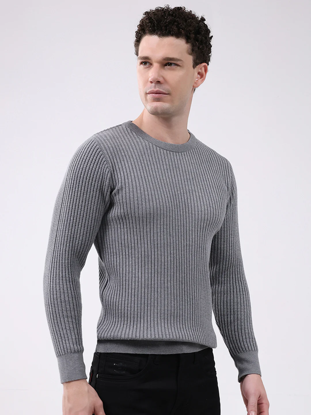 Men Grey Self Design Round Neck Full Sleeve Pullover - Image 4