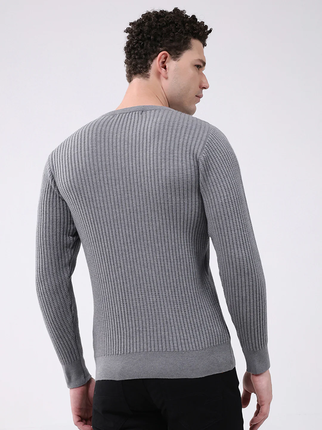 Men Grey Self Design Round Neck Full Sleeve Pullover - Image 5
