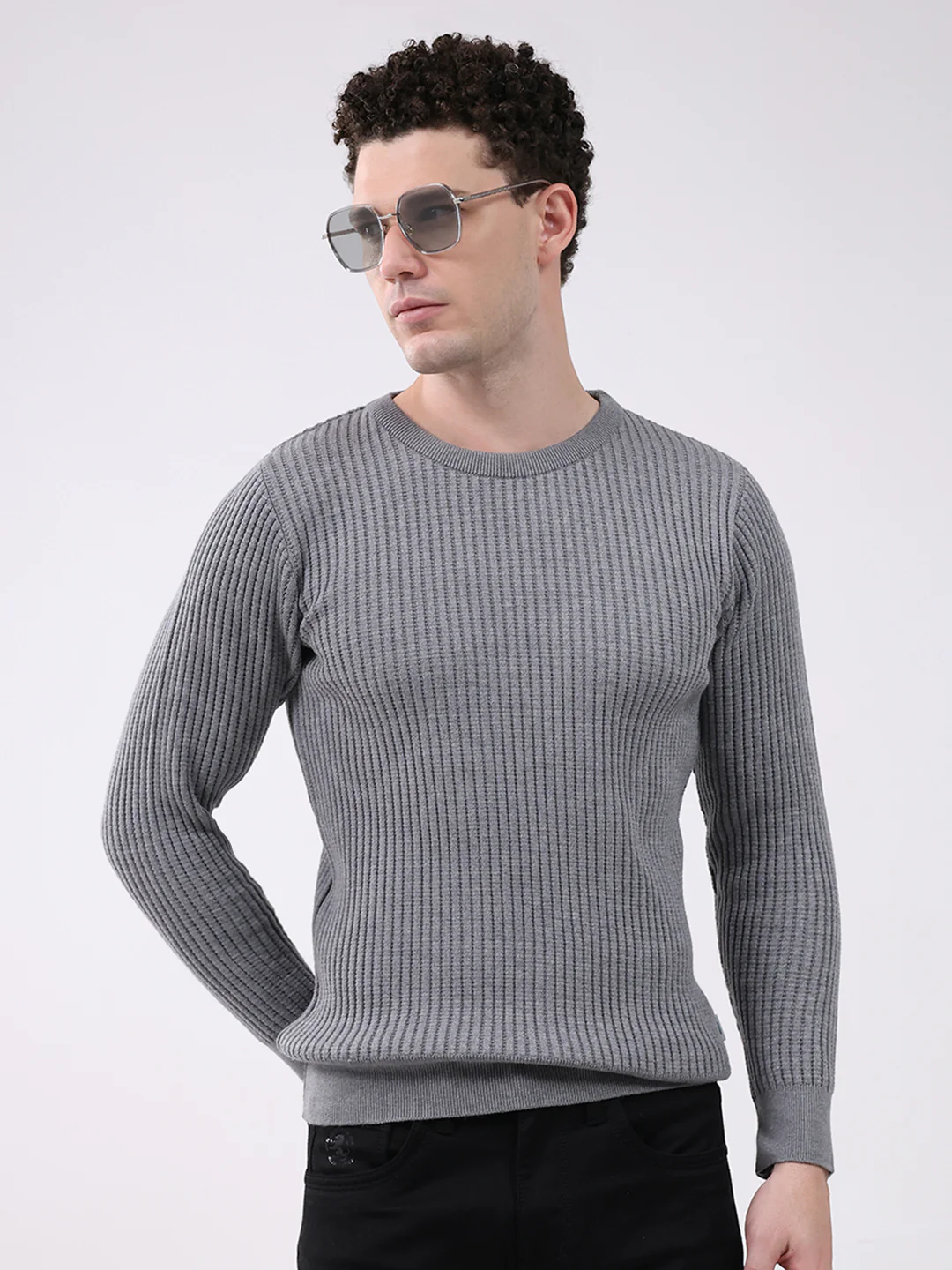 Men Grey Self Design Round Neck Full Sleeve Pullover - Image 6