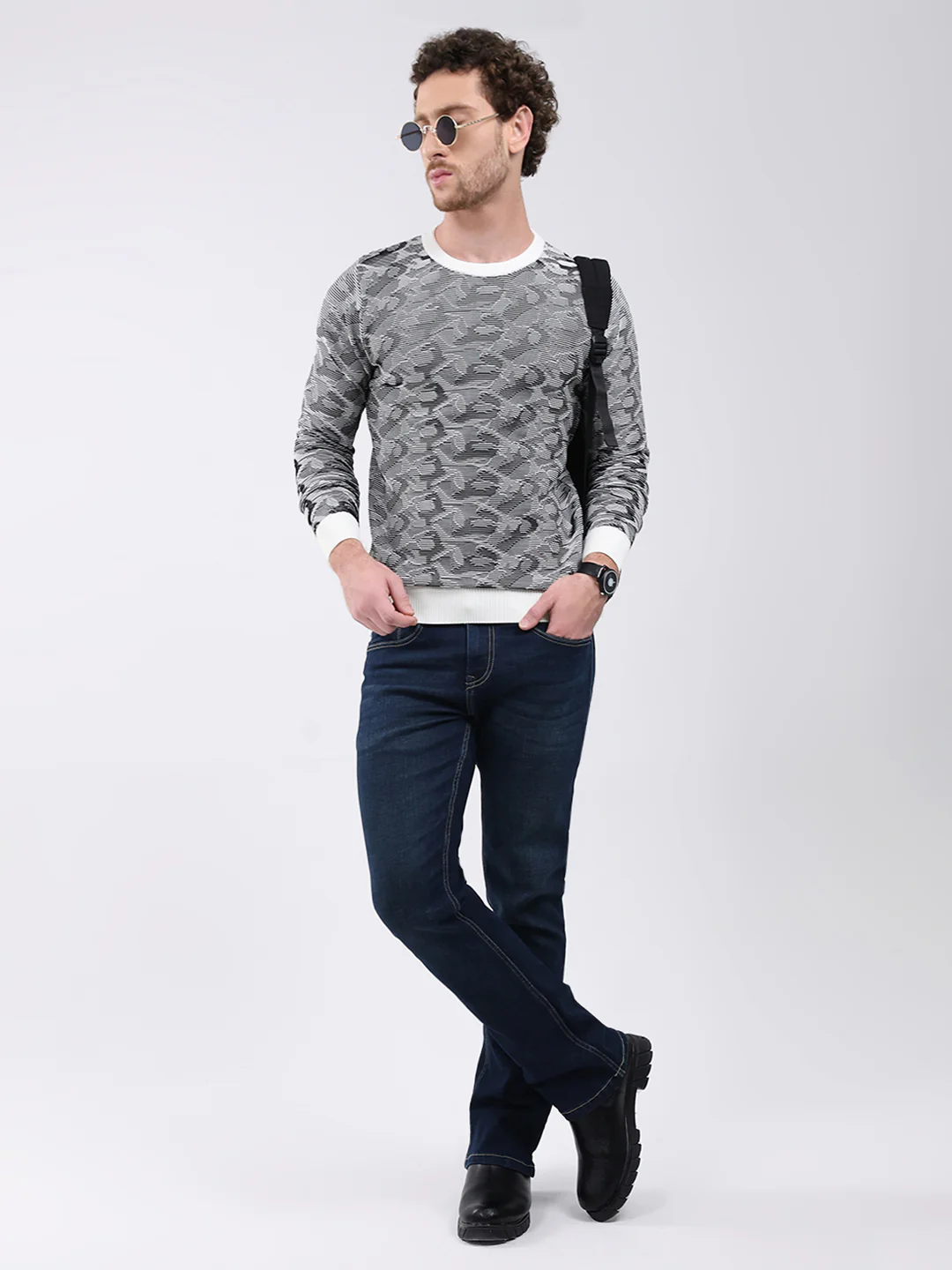 Men Grey Self Design Round Neck Full Sleeve Pullover - Image 2