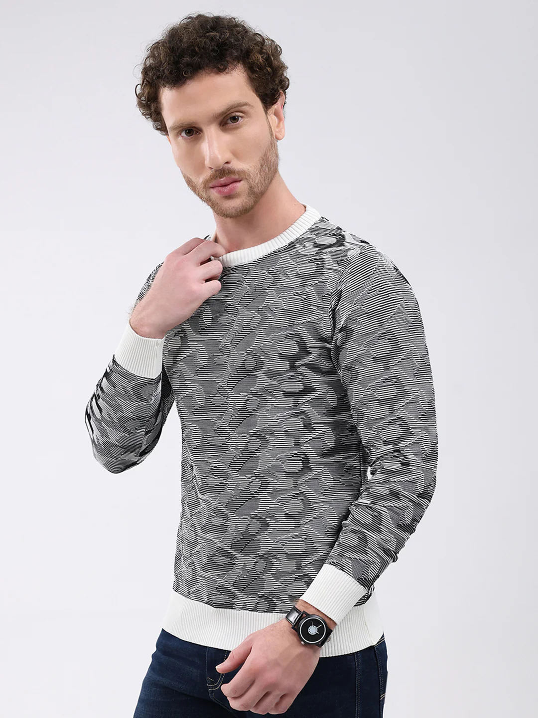 Men Grey Self Design Round Neck Full Sleeve Pullover - Image 3