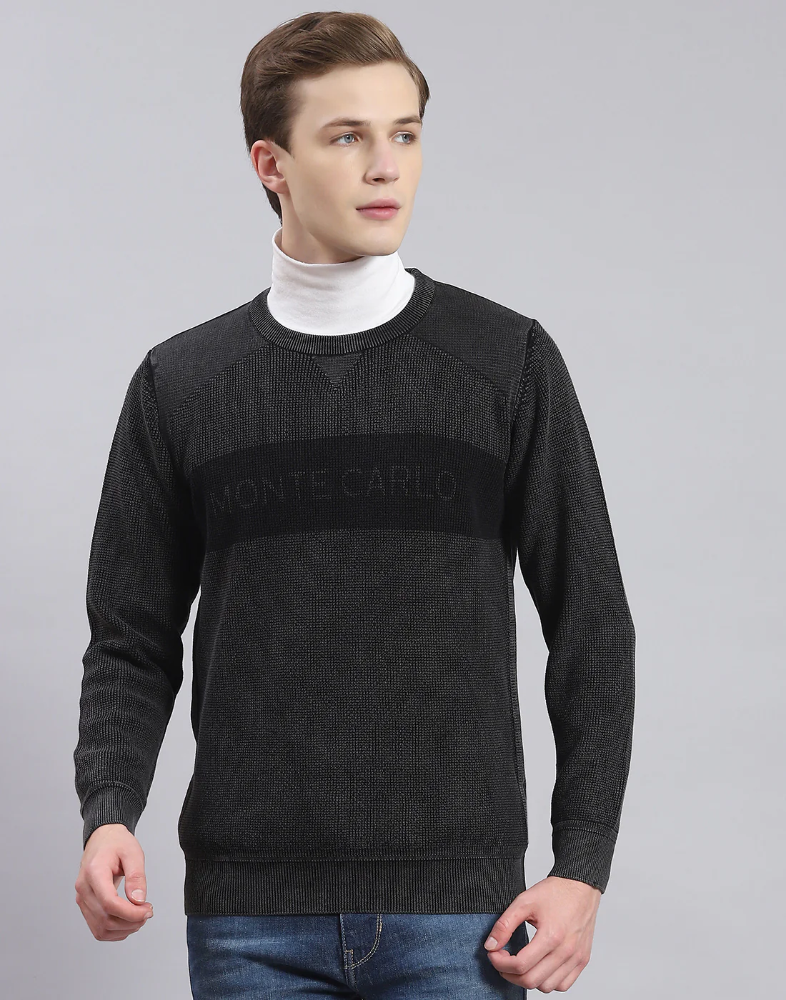 Men Grey Self Design Round Neck Full Sleeve Sweater - Image 3
