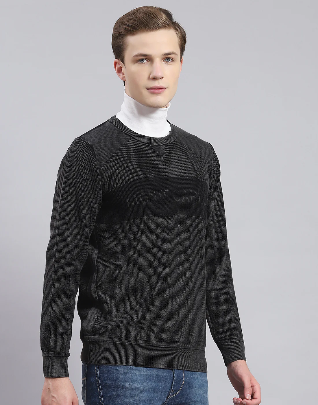 Men Grey Self Design Round Neck Full Sleeve Sweater - Image 5