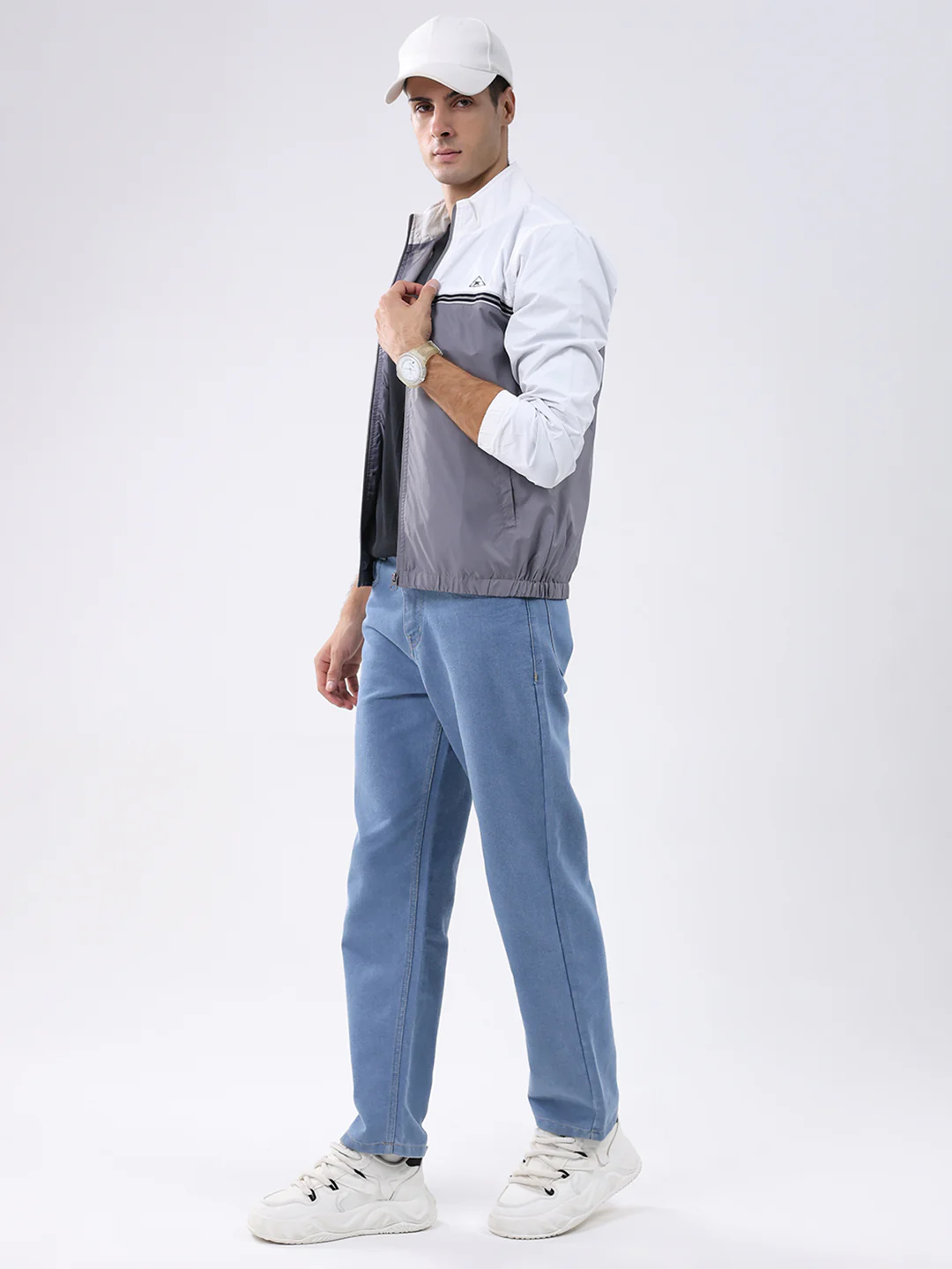Men Grey Self Design Stand Collar Full Sleeve Jacket - Image 2