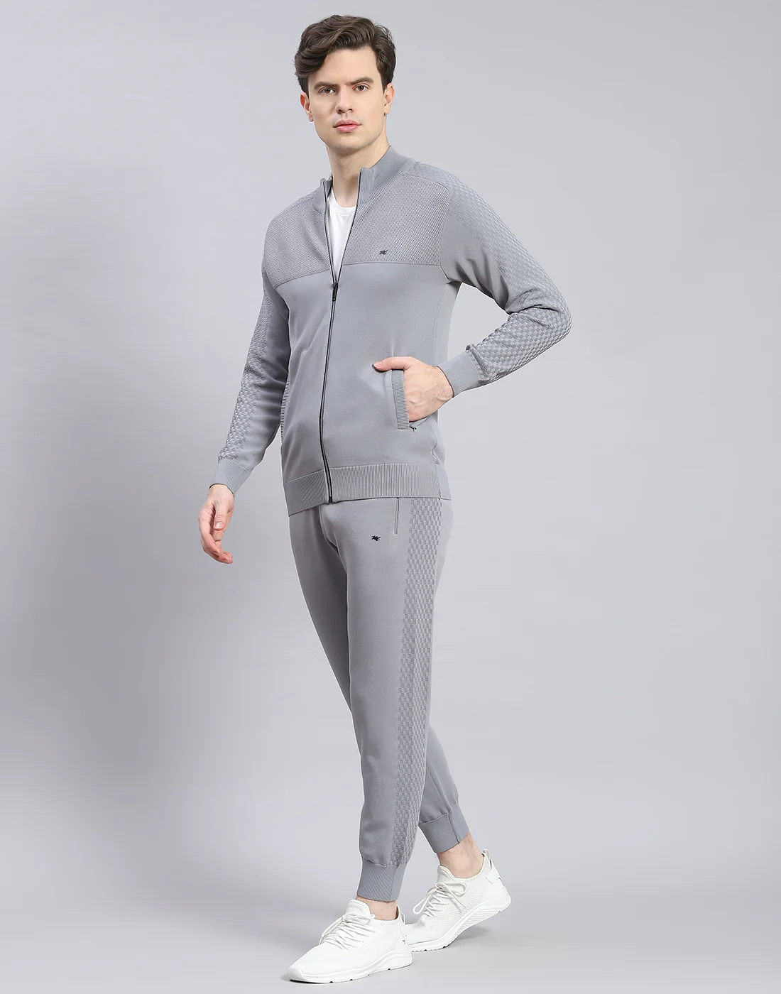 Men Grey Self Design Stand Collar Full Sleeve Tracksuit - Image 3