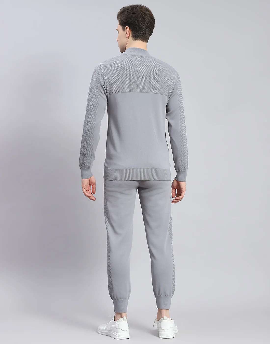 Men Grey Self Design Stand Collar Full Sleeve Tracksuit - Image 5