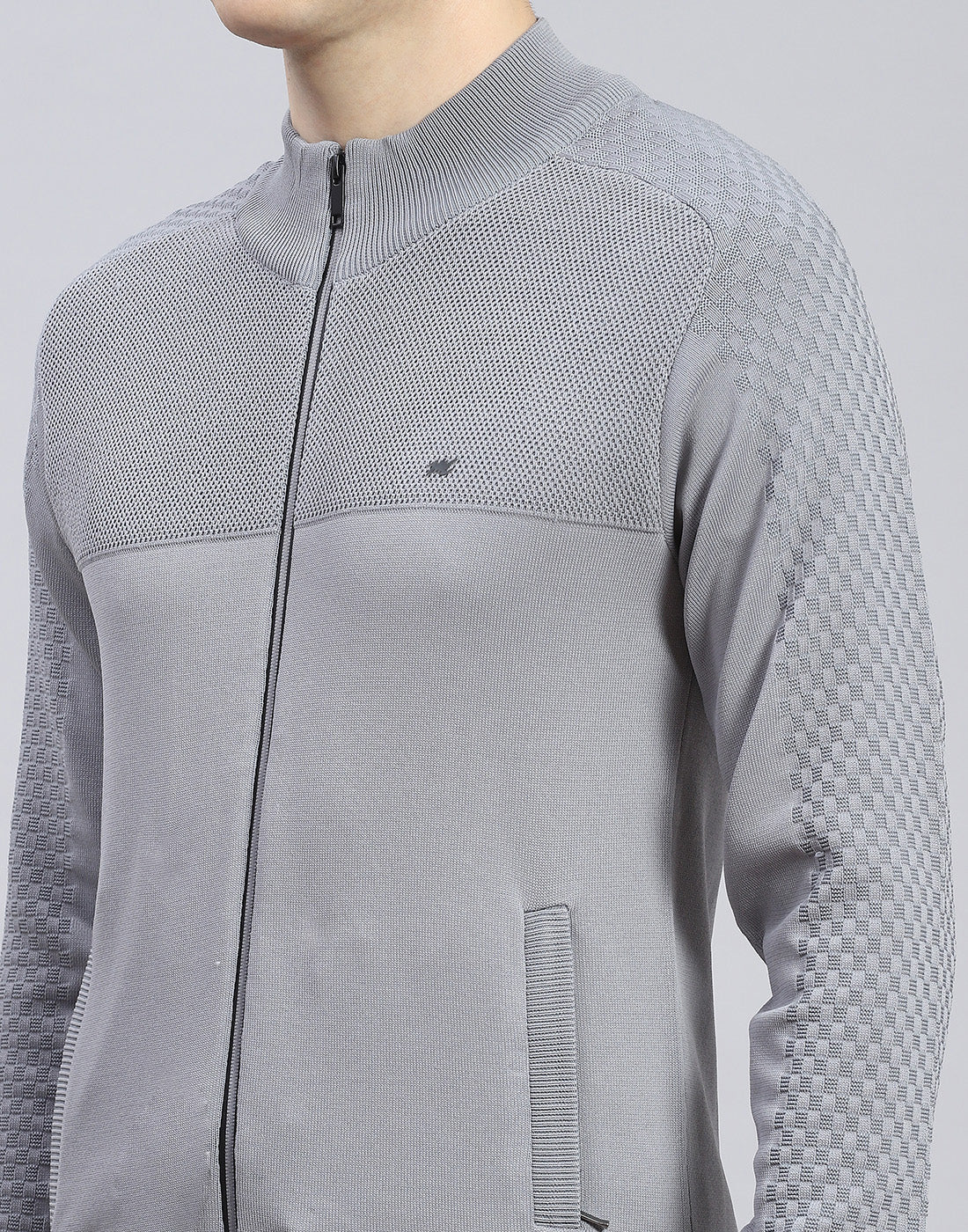 Men Grey Self Design Stand Collar Full Sleeve Tracksuit - Image 6