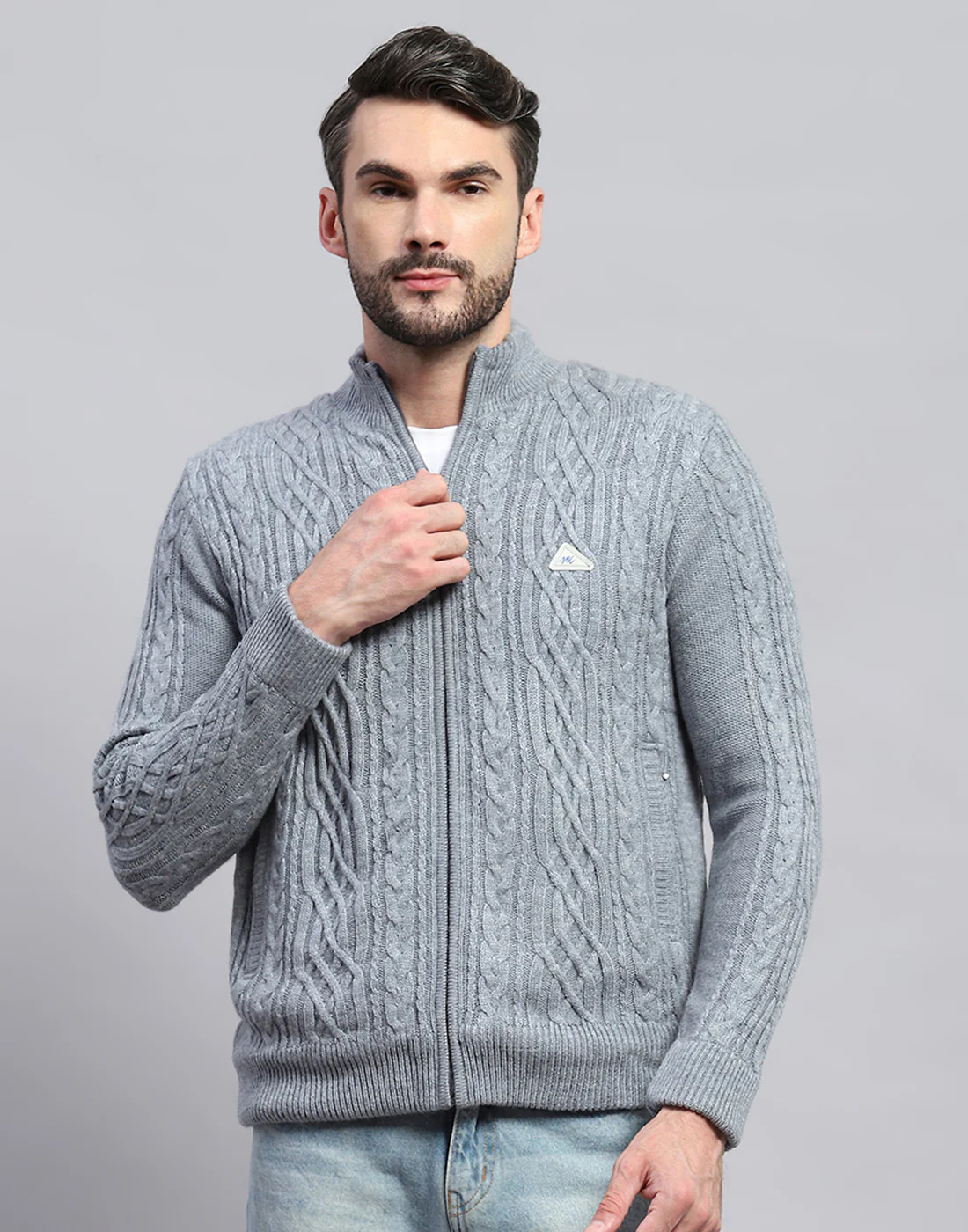 Men Grey Self Design Turtle Neck Full Sleeve Jacket - Image 2