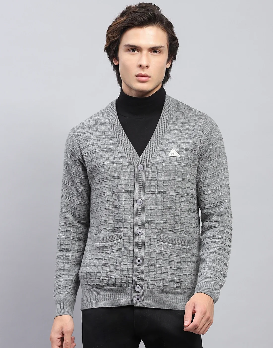 Men Grey Self Design V Neck Full Sleeve Cardigan - Image 2
