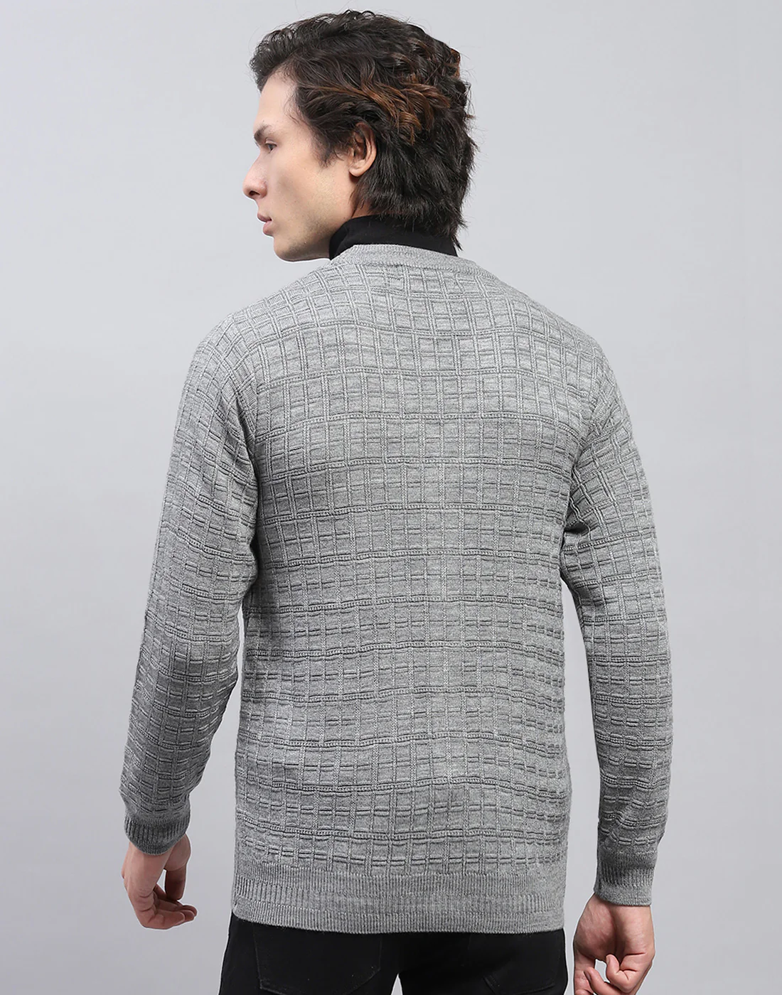 Men Grey Self Design V Neck Full Sleeve Cardigan - Image 5