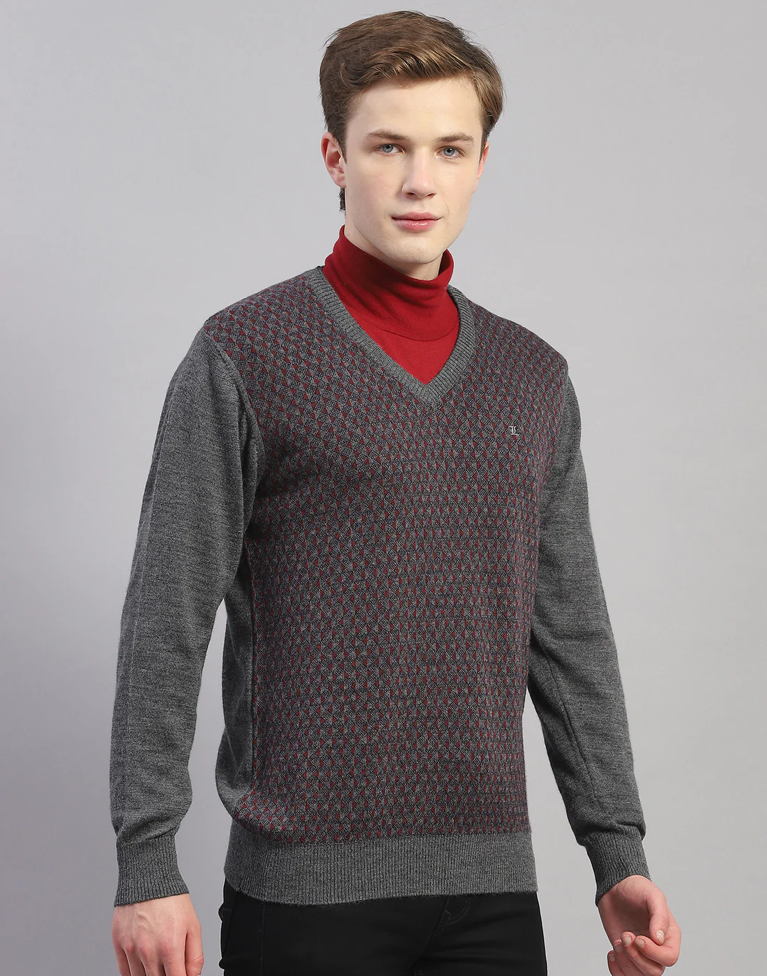 Men Grey Self Design V Neck Full Sleeve Pullover - Image 4