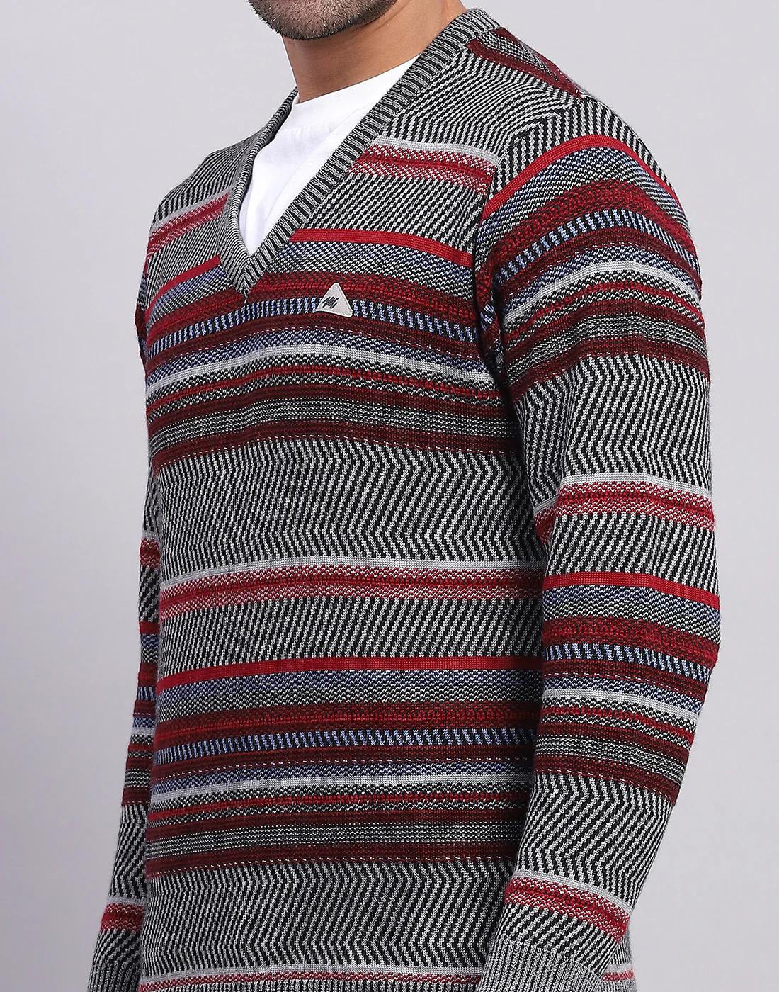 Men Grey Self Design V Neck Full Sleeve Pullover - Image 6