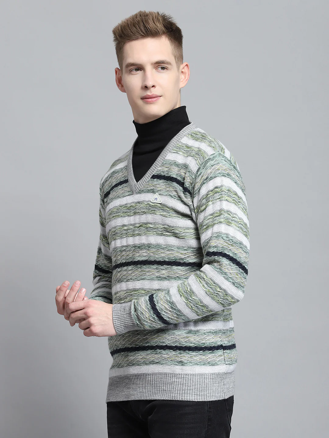 Men Grey Self Design V Neck Full Sleeve Pullover - Image 3