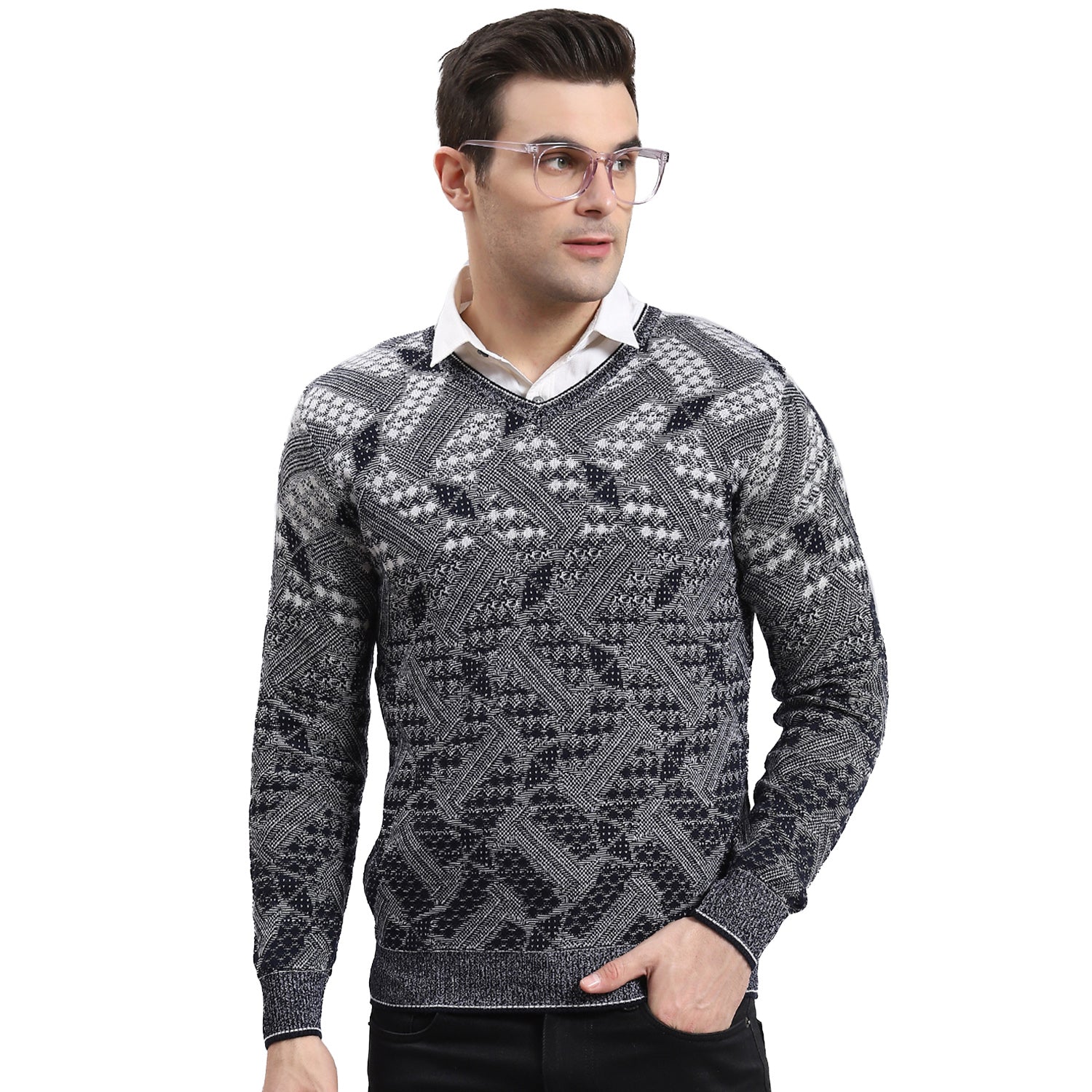 Men Grey Self Design V Neck Full Sleeve Sweater - Image 5
