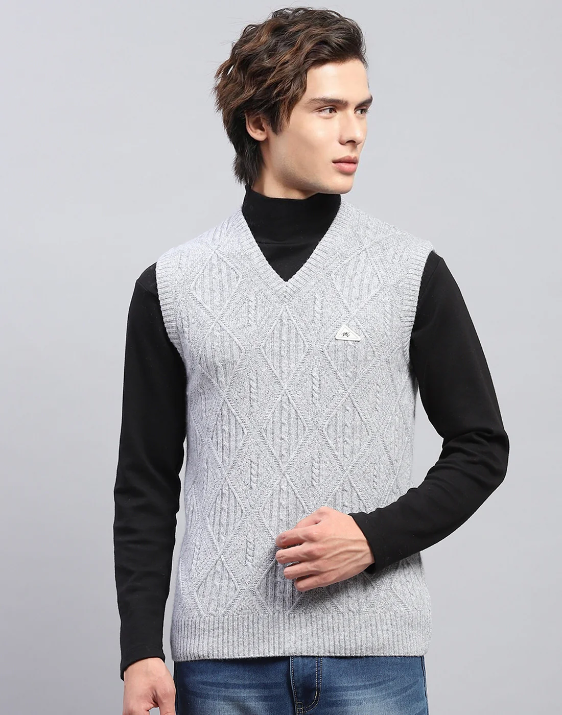 Men Grey Self Design V Neck Sleeveless Sweater - Image 2
