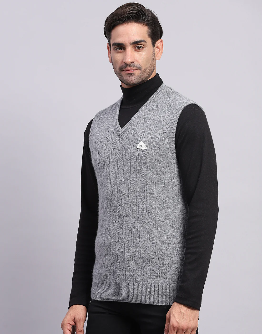 Men Grey Self Design V Neck Sleeveless Sweater - Image 3