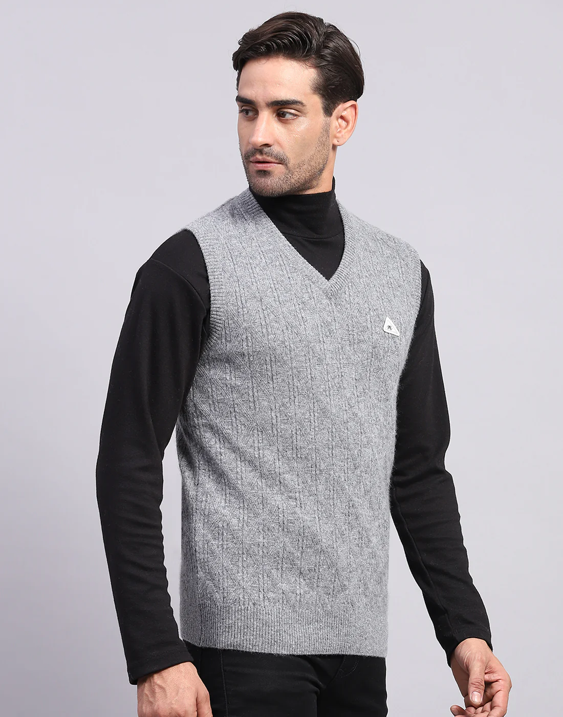 Men Grey Self Design V Neck Sleeveless Sweater - Image 4
