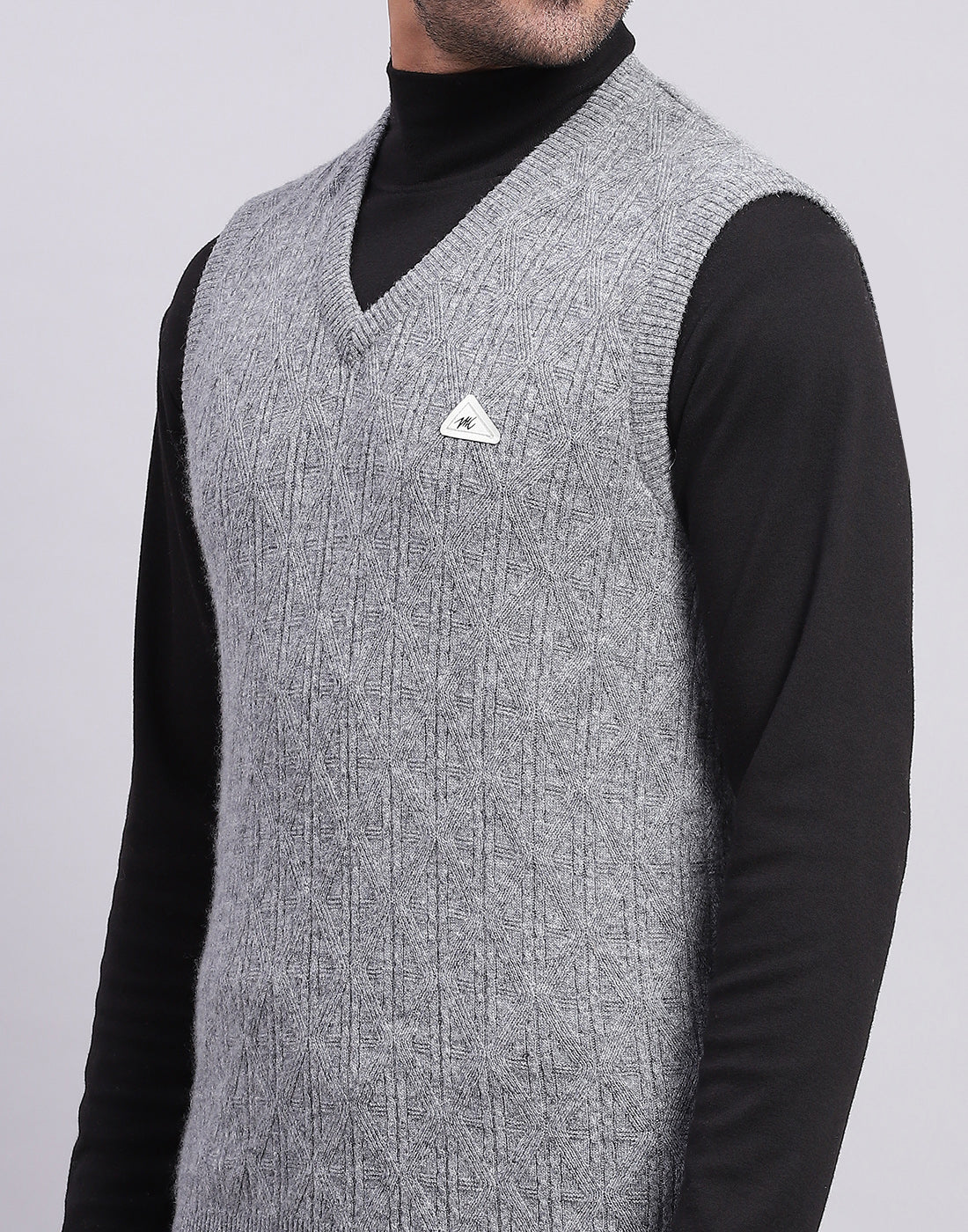 Men Grey Self Design V Neck Sleeveless Sweater - Image 6