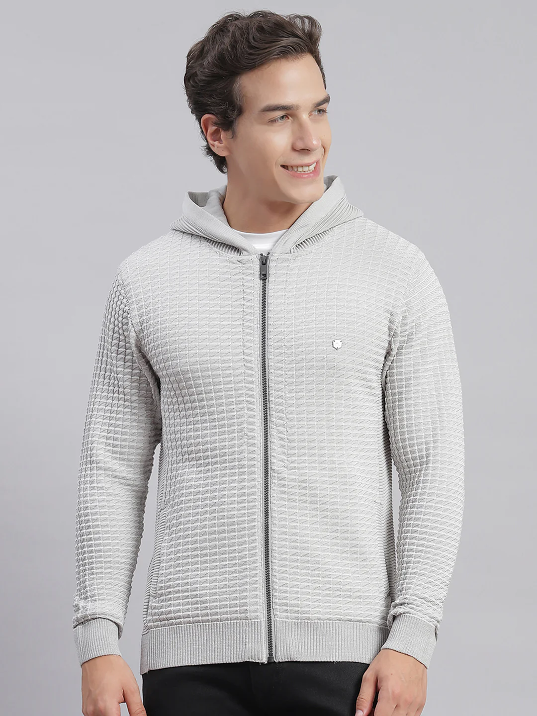 Men Grey Self Design Hooded Full Sleeve Sweaters/Pullovers - Image 2