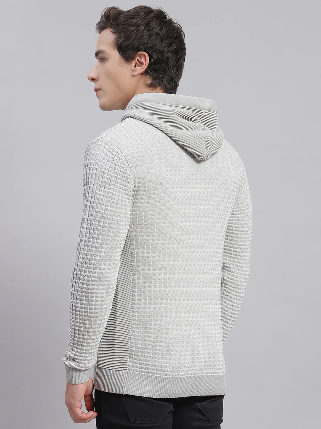 Men Grey Self Design Hooded Full Sleeve Sweaters/Pullovers - Image 5
