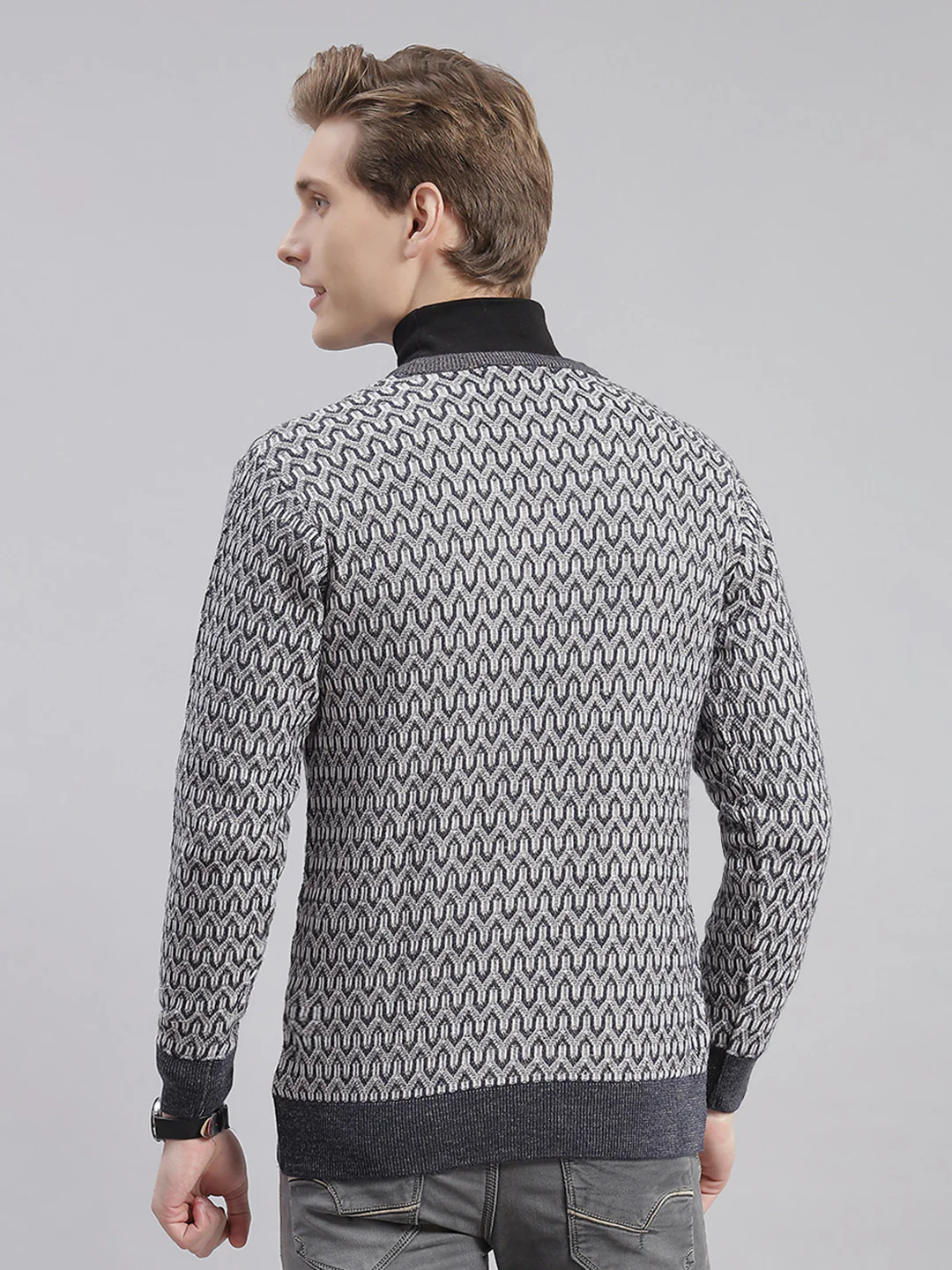 Men Grey Self Design V Neck Full Sleeve Sweaters/Pullovers - Image 5