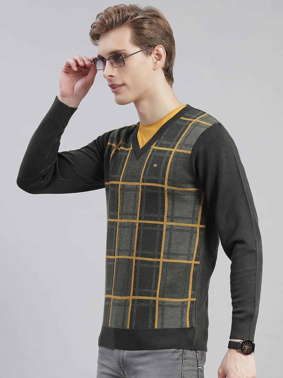 Men Grey Self Design V Neck Full Sleeve Sweaters/Pullovers - Image 3