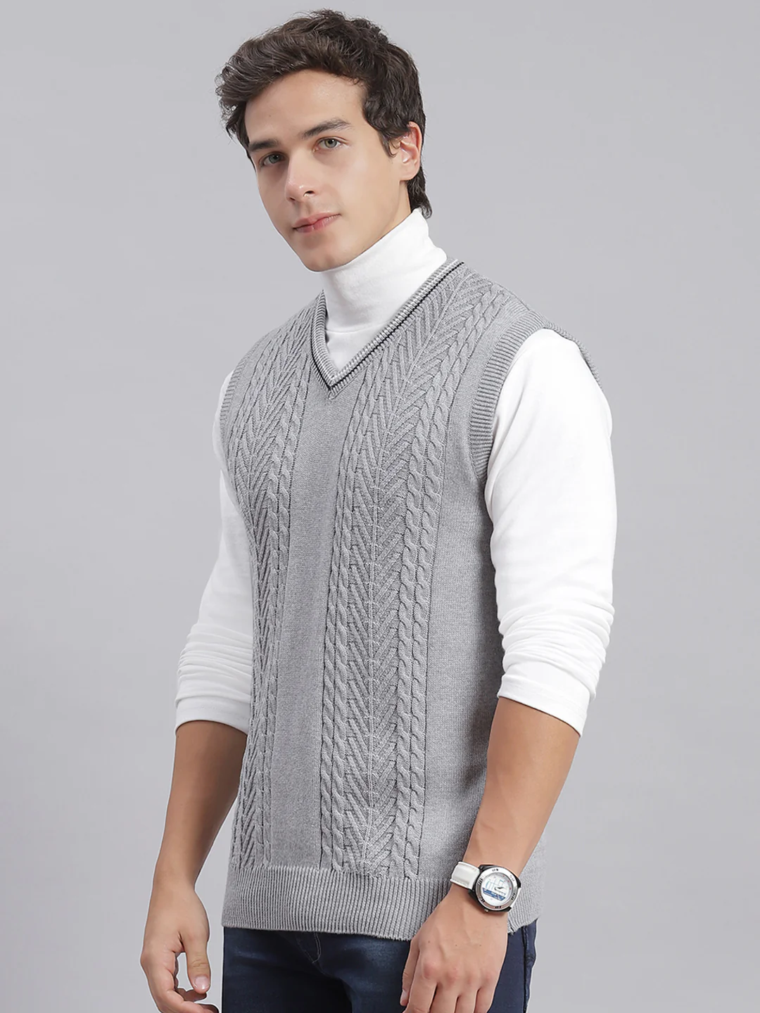 Men Grey Self Design V Neck Sleeveless Sweaters/Pullovers - Image 4