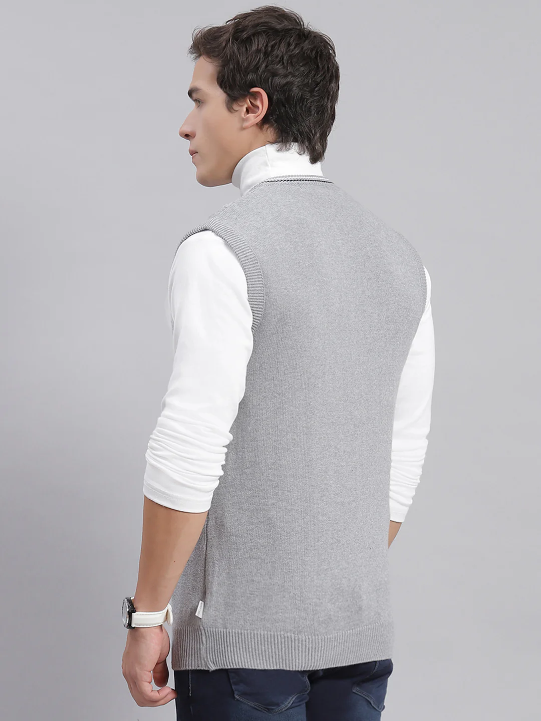 Men Grey Self Design V Neck Sleeveless Sweaters/Pullovers - Image 5