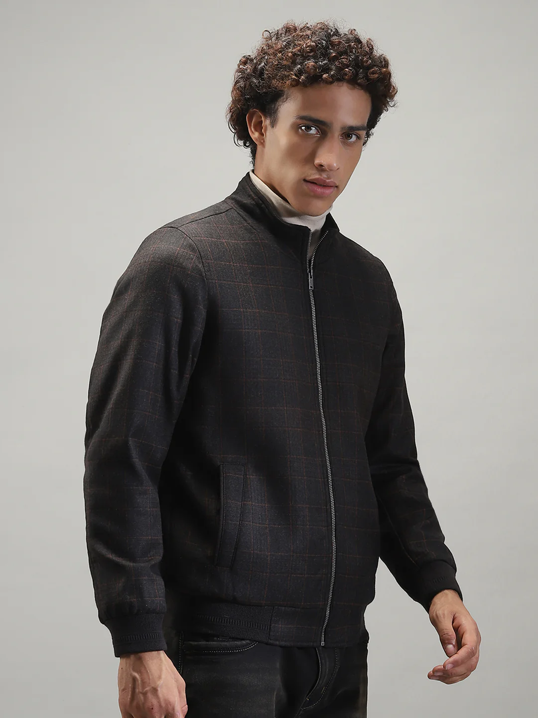 Men Grey Solid Band Collar Full Sleeve Jacket - Image 4