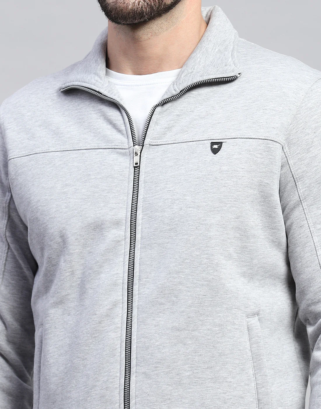 Men Grey Solid Band Collar Full Sleeve Winter Tracksuit - Image 6