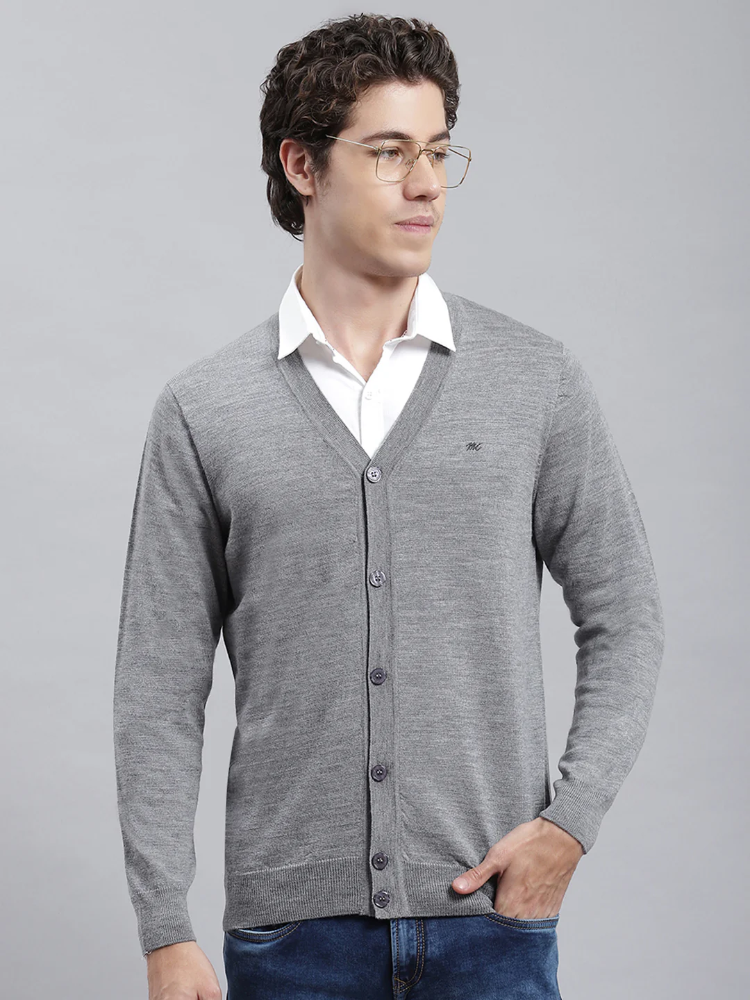 Men Grey Solid Cardigan - Image 2