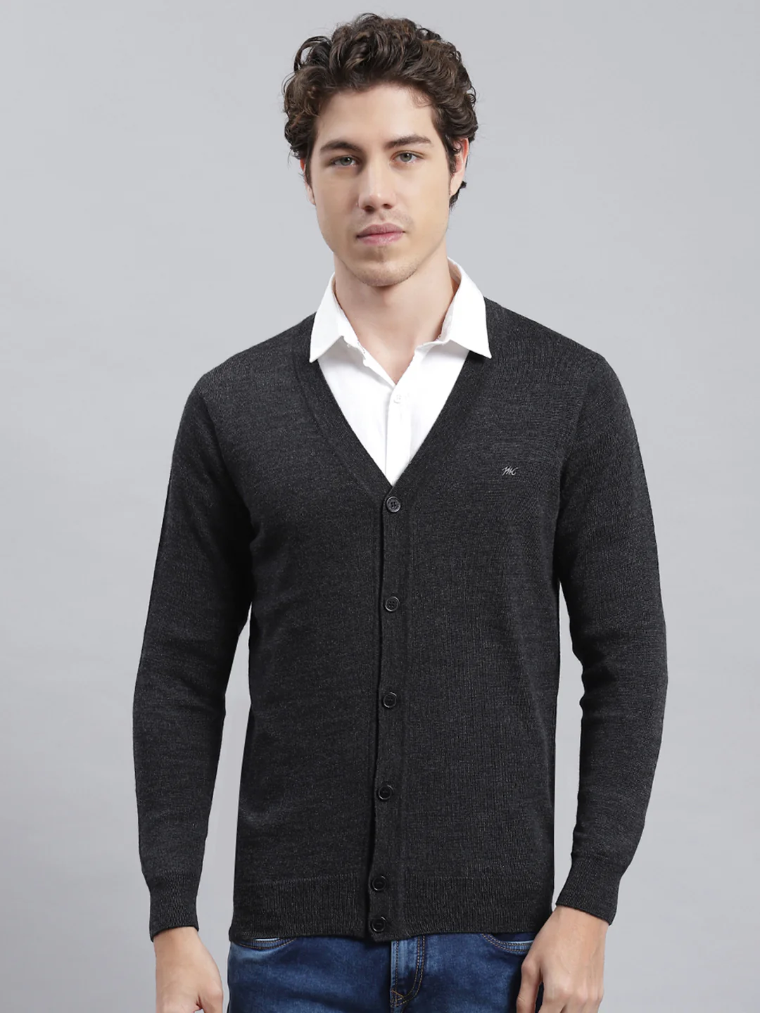 Men Grey Solid Cardigan - Image 2