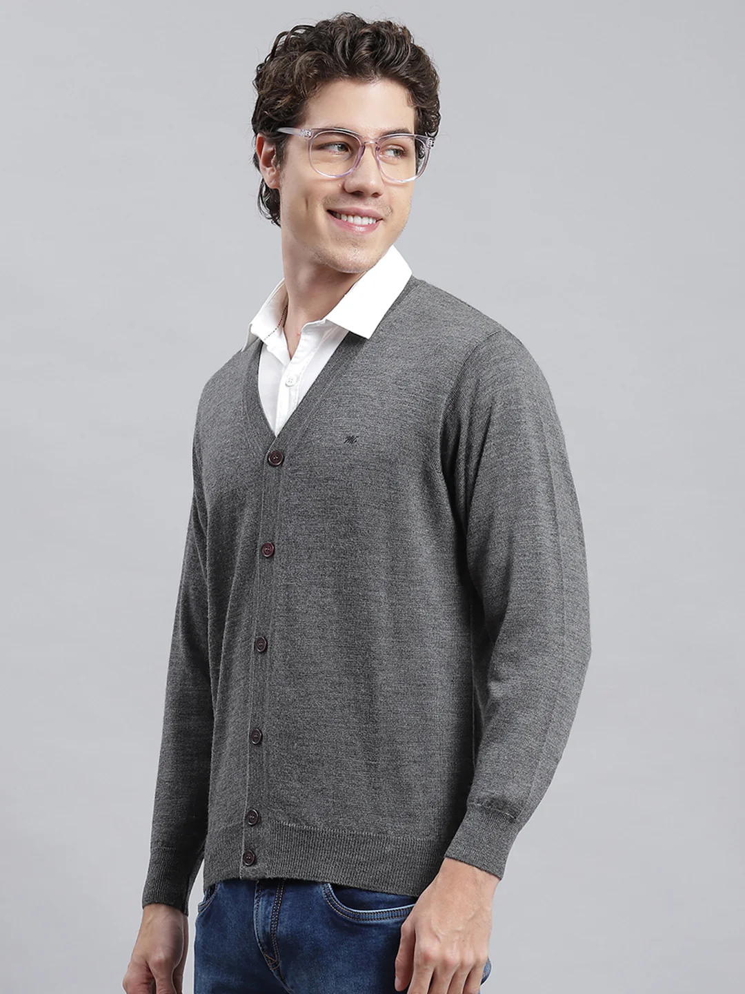 Men Grey Solid Cardigan - Image 3